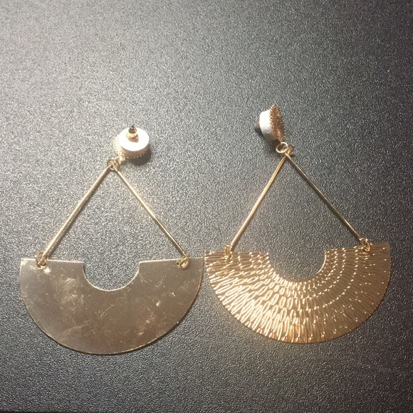 Gold Tone Long Dangle Half Circle Earrings - Picture 2 of 3